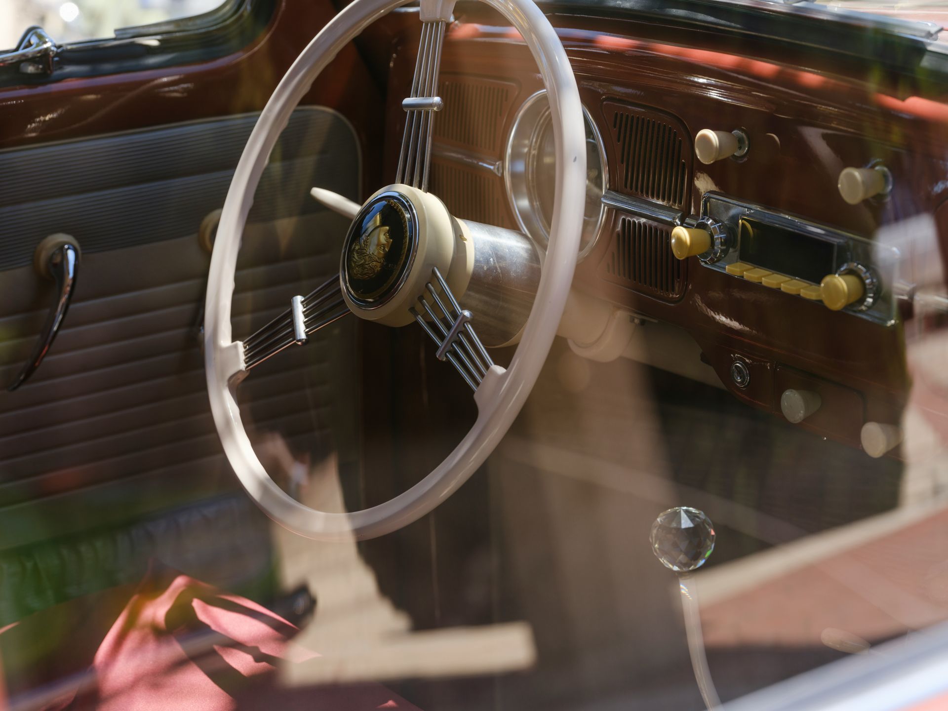 The interior of a car with a steering wheel