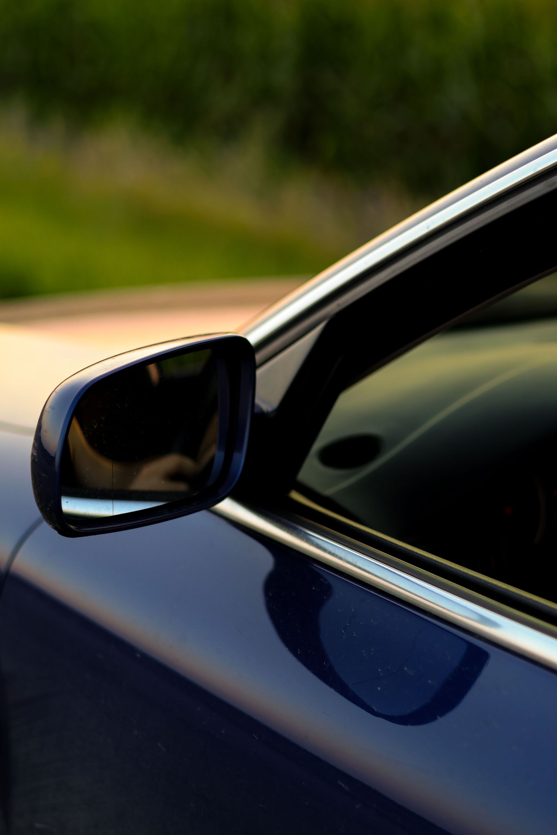 A detailed view of a blue car's side mirror reflecting the lush outdoor scenery.